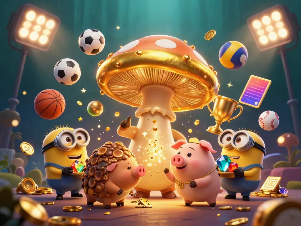 Experience the magic of s8 with a whimsical golden mushroom wizard and treasure-hunting pig in a dynamic casino setting.