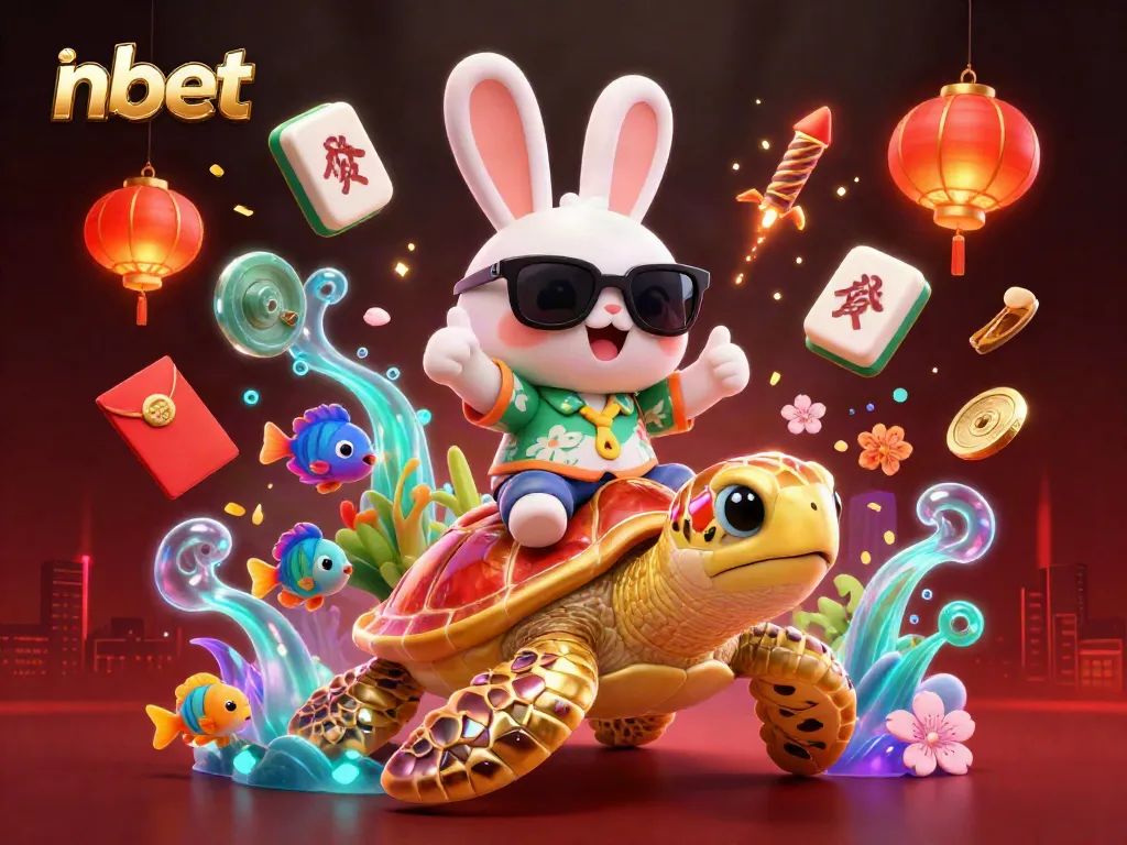Play exciting games with nbet's lucky rabbit and golden turtle in a vibrant casino scene.