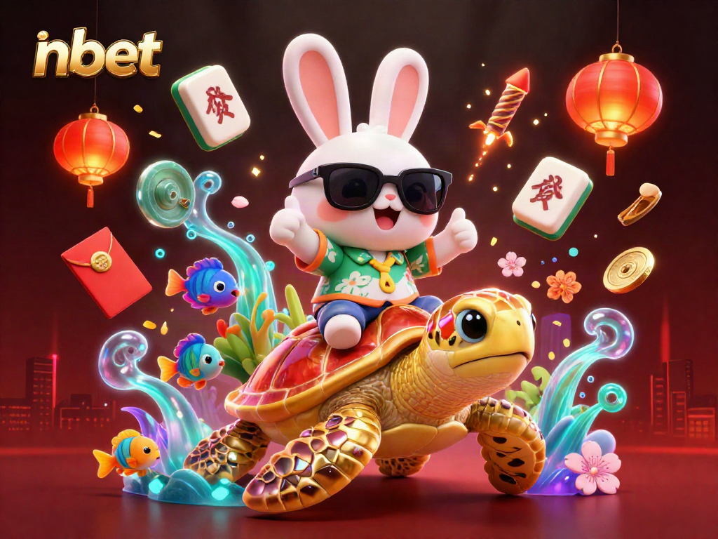 Play exciting games with nbet's lucky rabbit and golden turtle in a vibrant casino scene.