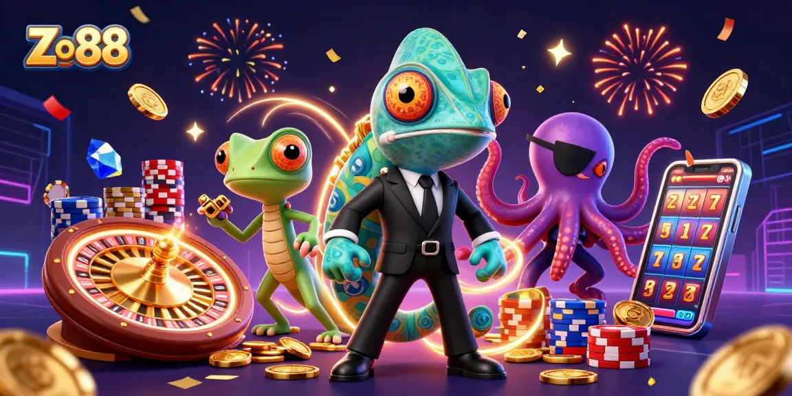 Engage with thrilling gaming moments at Zo88, featuring vibrant characters and dynamic casino elements.