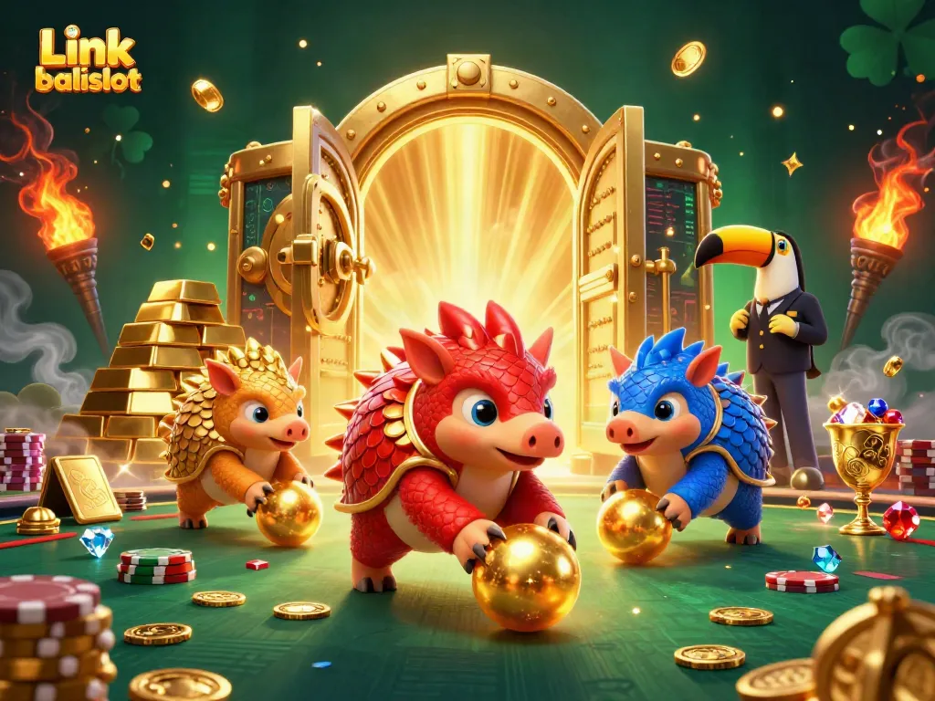 Experience the Link balislot with interactive gameplay featuring colorful pangolins among shimmering treasure.