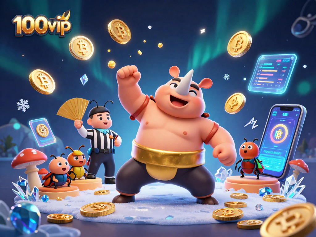 Experience 100vip casino thrills with vibrant 3D illustration of a beetle champion amidst crypto coins.