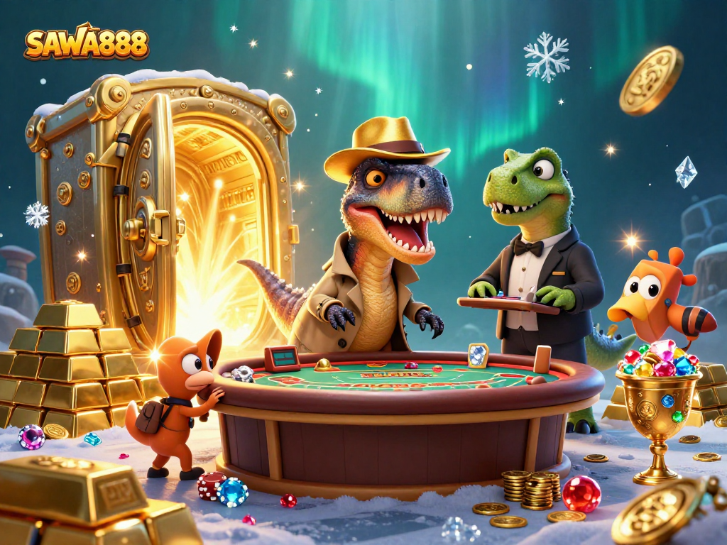 SAWA888 casino scene features a velociraptor card counter and stegosaurus pit boss at a blackjack table.