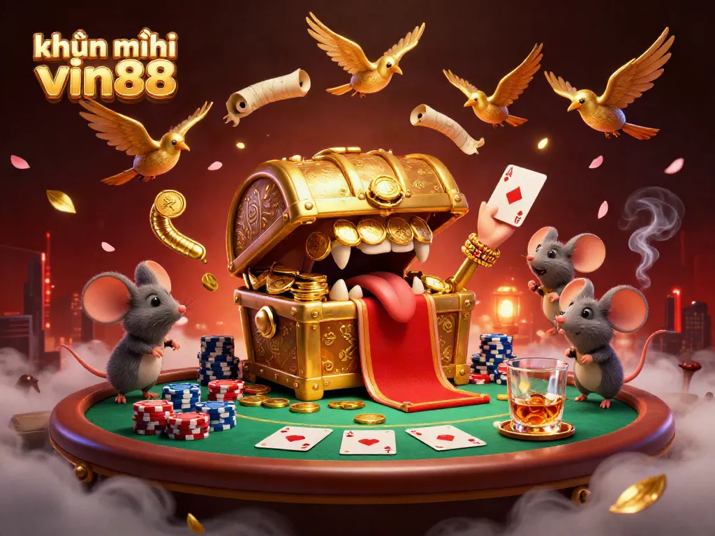 Experience khuyến mãi vin88 with luxurious riches from a treasure chest surrounded by vibrant poker elements.