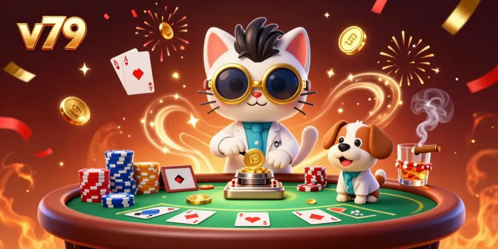 v79 brings excitement to the casino with mad scientist cat and assistant dog amidst poker action.