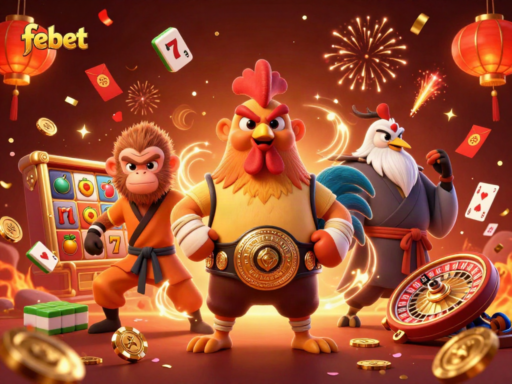 Experience the excitement of febet with a vibrant 3D casino scene featuring dynamic characters and rich symbols.