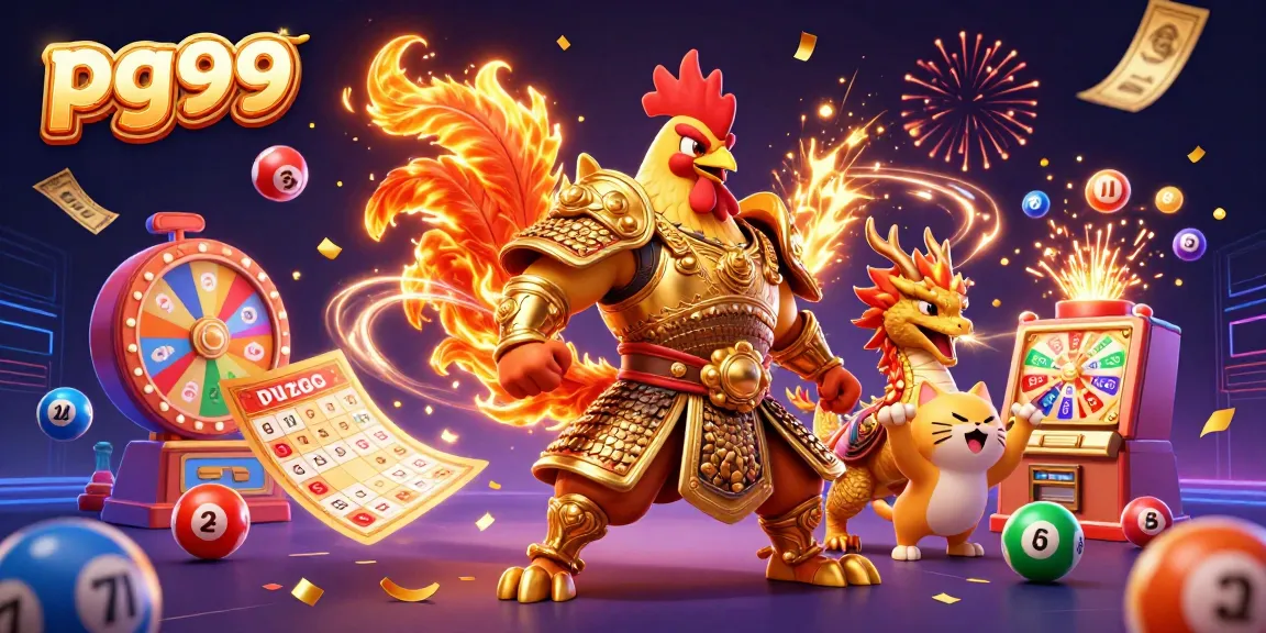 Experience thrilling excitement with the powerful pg99 rooster warrior and dragon hatchling amidst vibrant gambling elements.