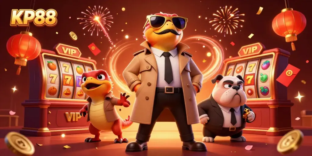 Experience KP88's vibrant casino atmosphere with raptors in disguise, rich game elements, and festive celebration.