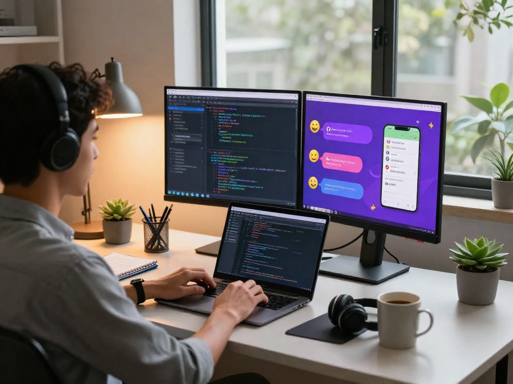 Engaging in nsfw ai chat on dual screen setup in modern home office.