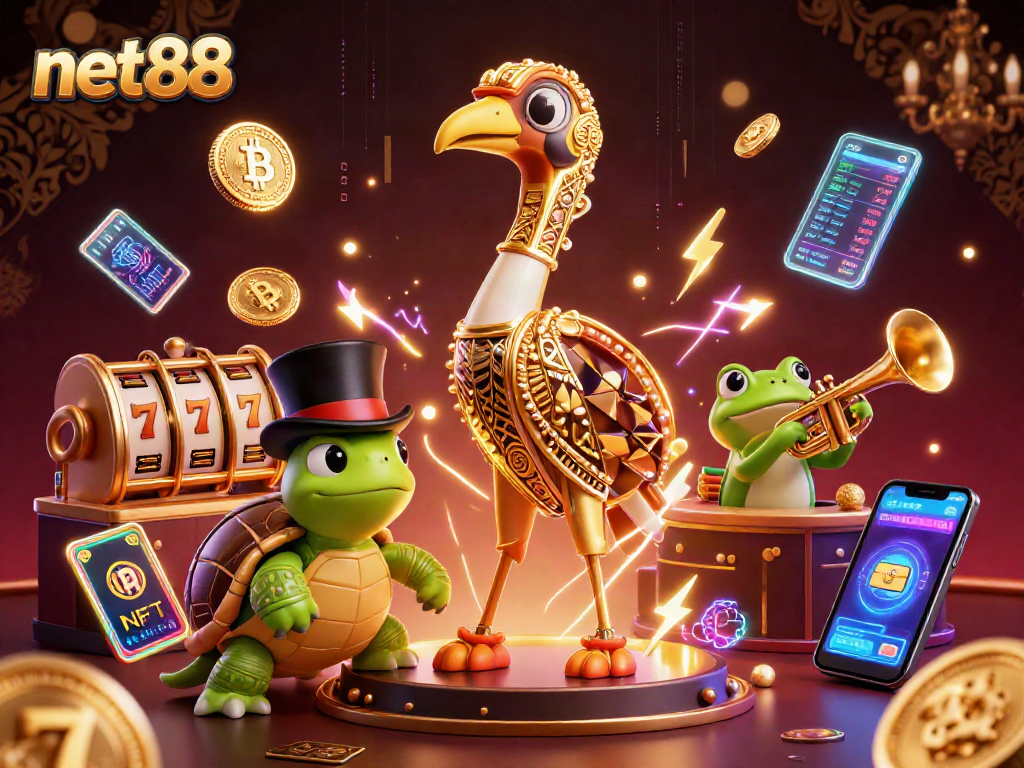 Place bets on net88 with exciting slot reels and vibrant characters in a vibrant 3D casino scene.