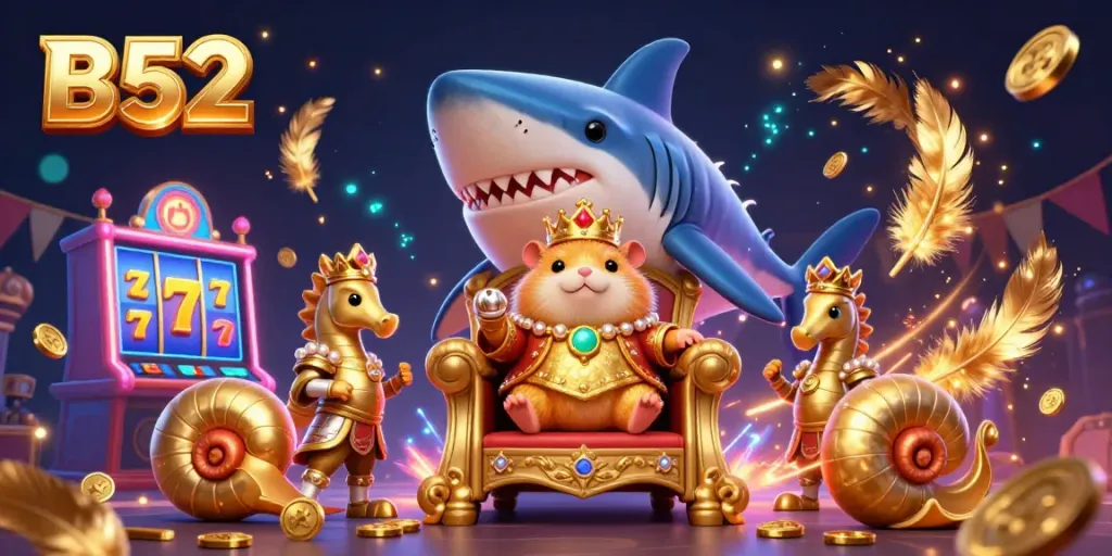 B52 immersive gaming scene featuring a golden hamster king on a shark tooth throne amidst a vibrant slot machine.