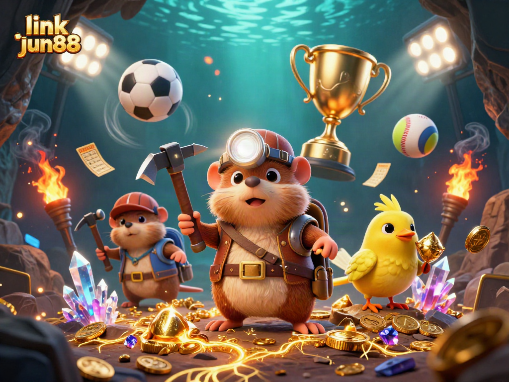 Engage in the excitement of sports betting with link jun88, featuring a treasure hunter and a dynamic casino atmosphere.