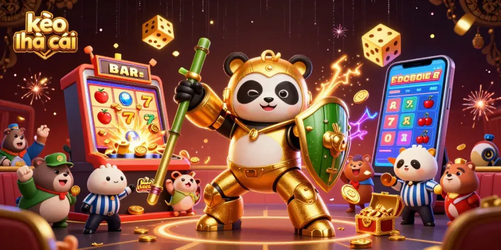 Engage in dynamic sports betting with kèo nhà cái and a mech-suit panda navigating a vibrant arena.