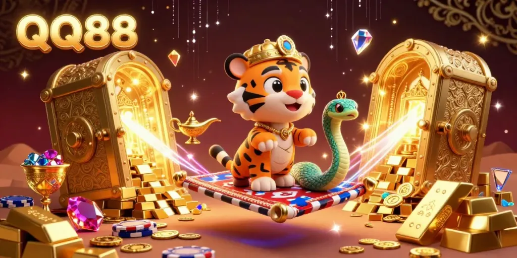 Experience the exciting world of QQ88 with the majestic tiger sultan and treasures in a thrilling gambling scene.