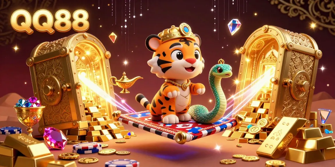 Experience the exciting world of QQ88 with the majestic tiger sultan and treasures in a thrilling gambling scene.