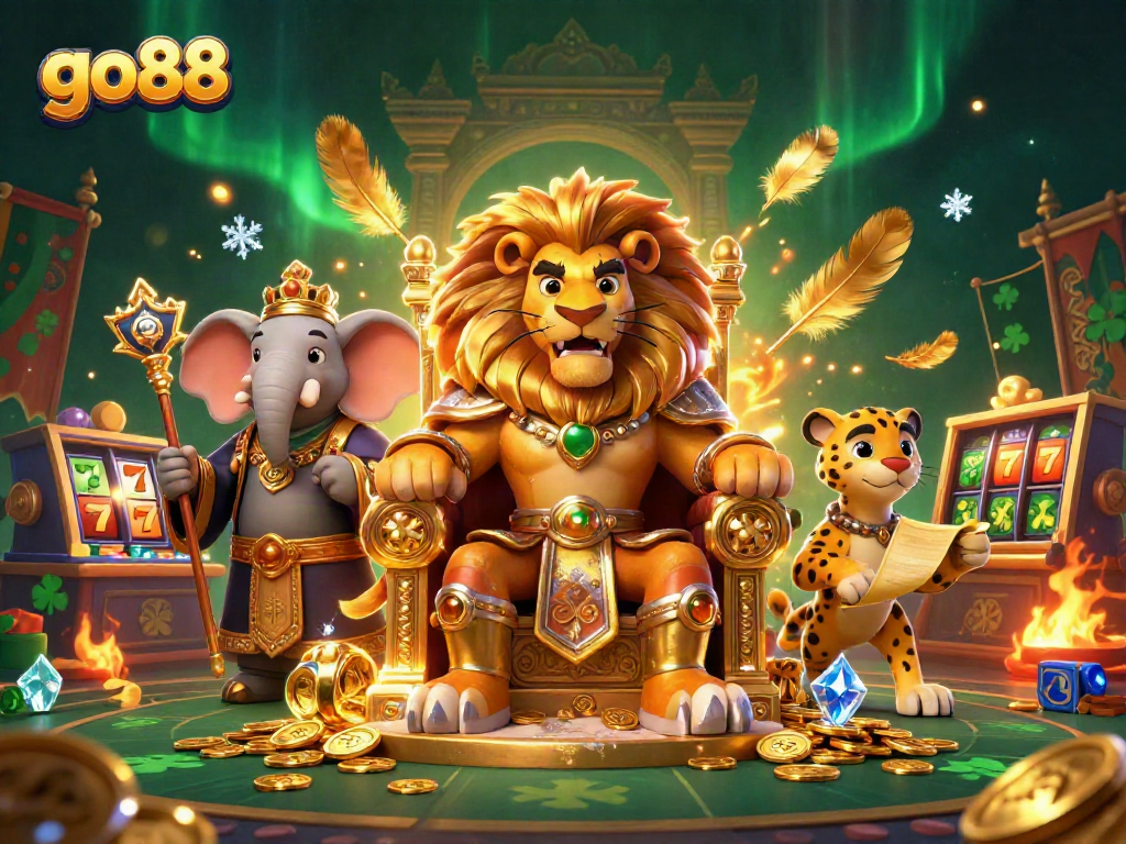 go88 invites players to engage in thrilling casino adventures with a fierce lion king surrounded by treasures.