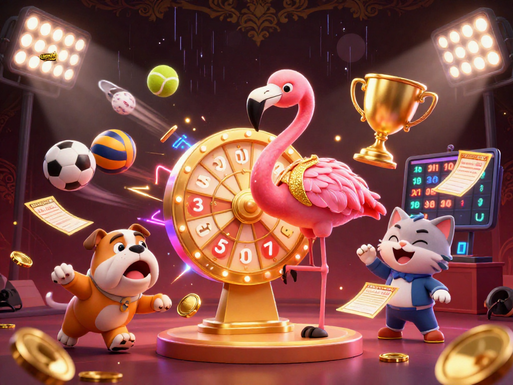 Spin the prize wheel with monstertowerreview in this dynamic gambling-themed scene featuring vibrant characters.