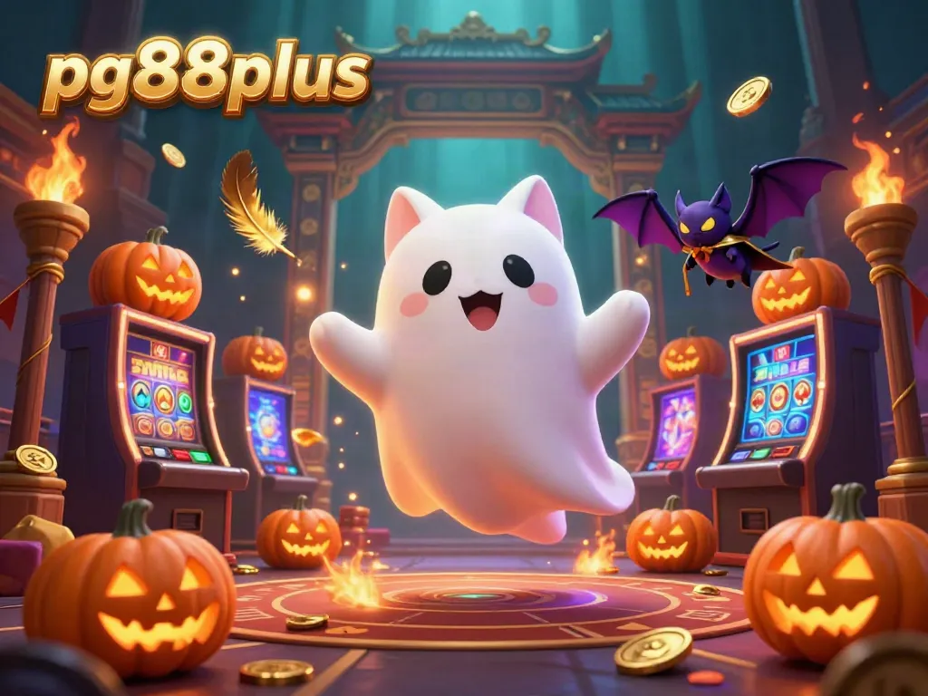Experience thrilling gameplay at pg88plus, featuring a lively 3D casino scene with a friendly ghost cat and a vampire bat.