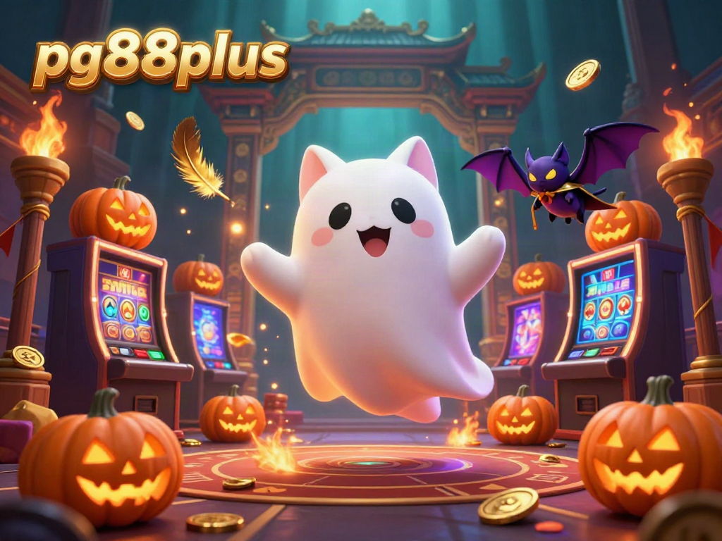 Experience thrilling gameplay at pg88plus, featuring a lively 3D casino scene with a friendly ghost cat and a vampire bat.