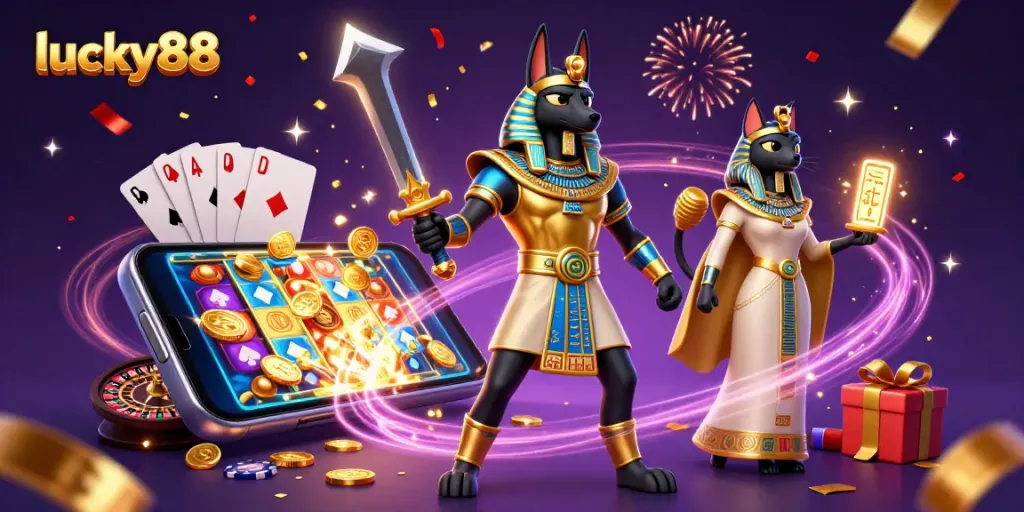 Bet big with lucky88: Anubis and Bastet celebrating wins among exciting casino elements.