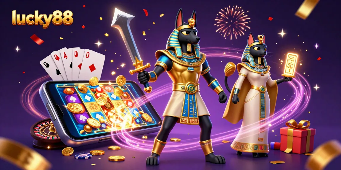 Bet big with lucky88: Anubis and Bastet celebrating wins among exciting casino elements.
