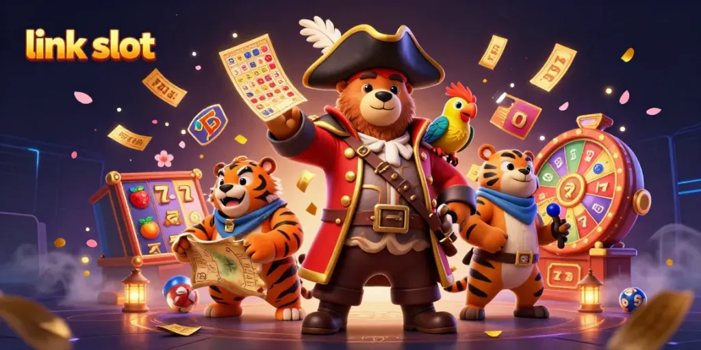 Engage in the vivid world of link slot games featuring a pirate captain bear, a fierce tiger, and a parrot in dynamic motion.