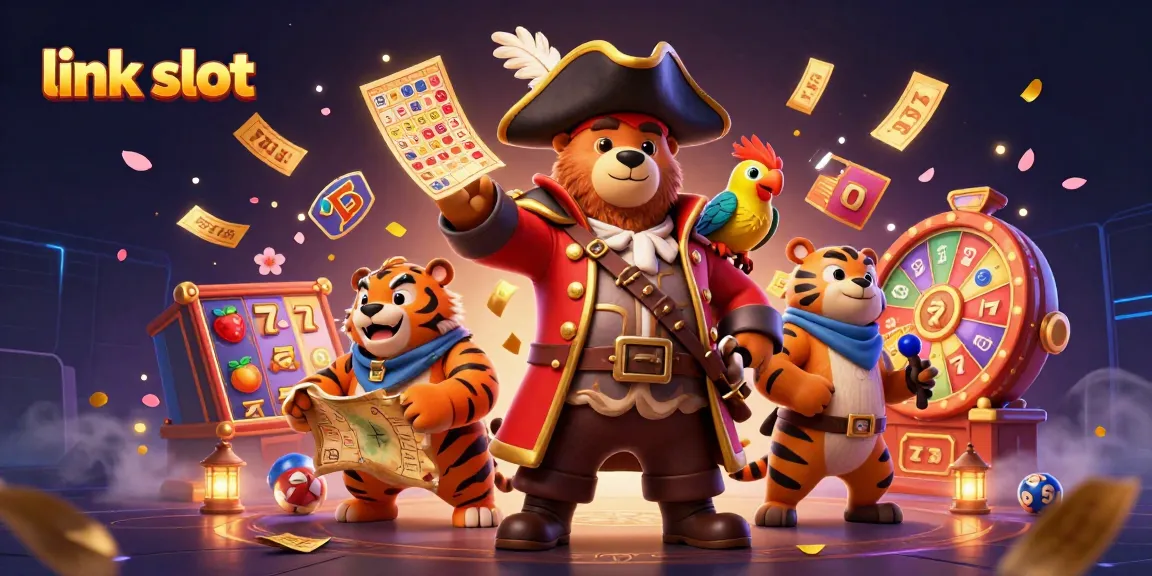 Engage in the vivid world of link slot games featuring a pirate captain bear, a fierce tiger, and a parrot in dynamic motion.
