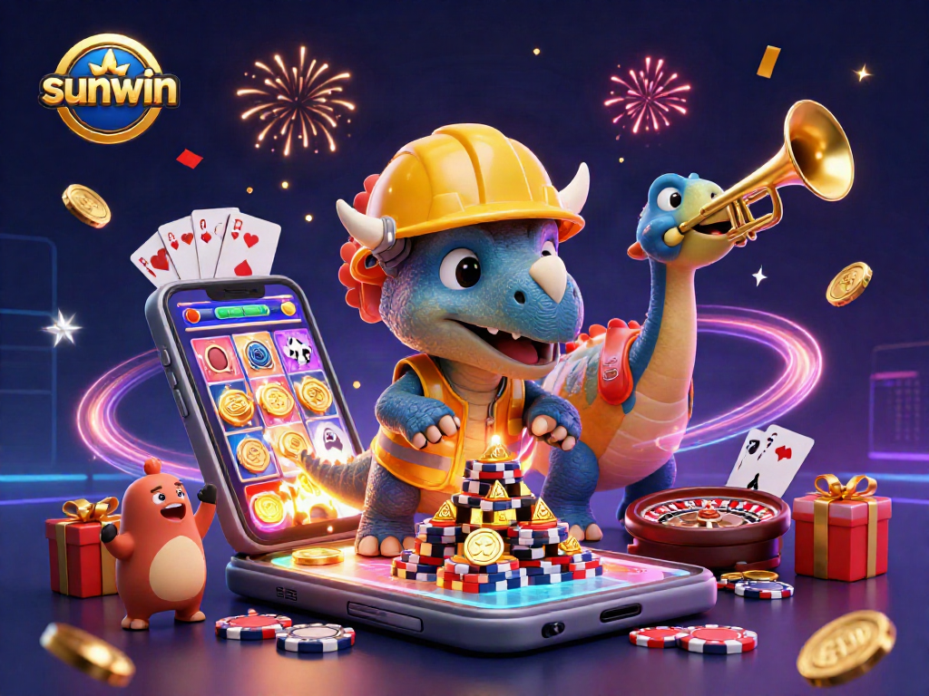 Catch the excitement with sunwin's vibrant casino scene featuring triceratops, poker chips, and slot games.