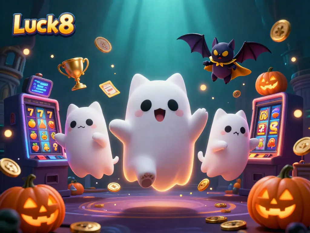 Experience Luck8's casino thrills with a ghost cat and vampire bat amidst vibrant slot themes.