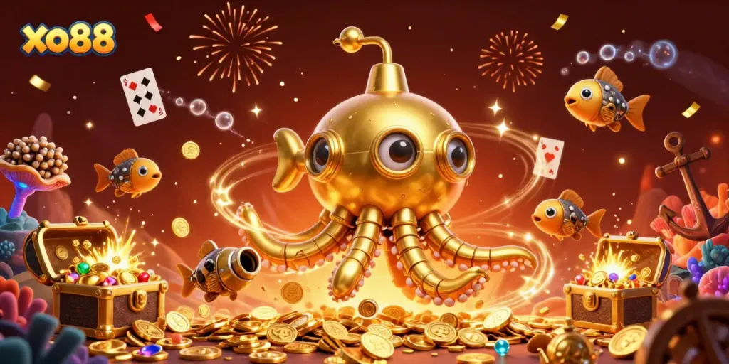Experience the thrilling action at xo88 with a vibrant underwater treasure hunt filled with golden coins and dynamic casino elements.