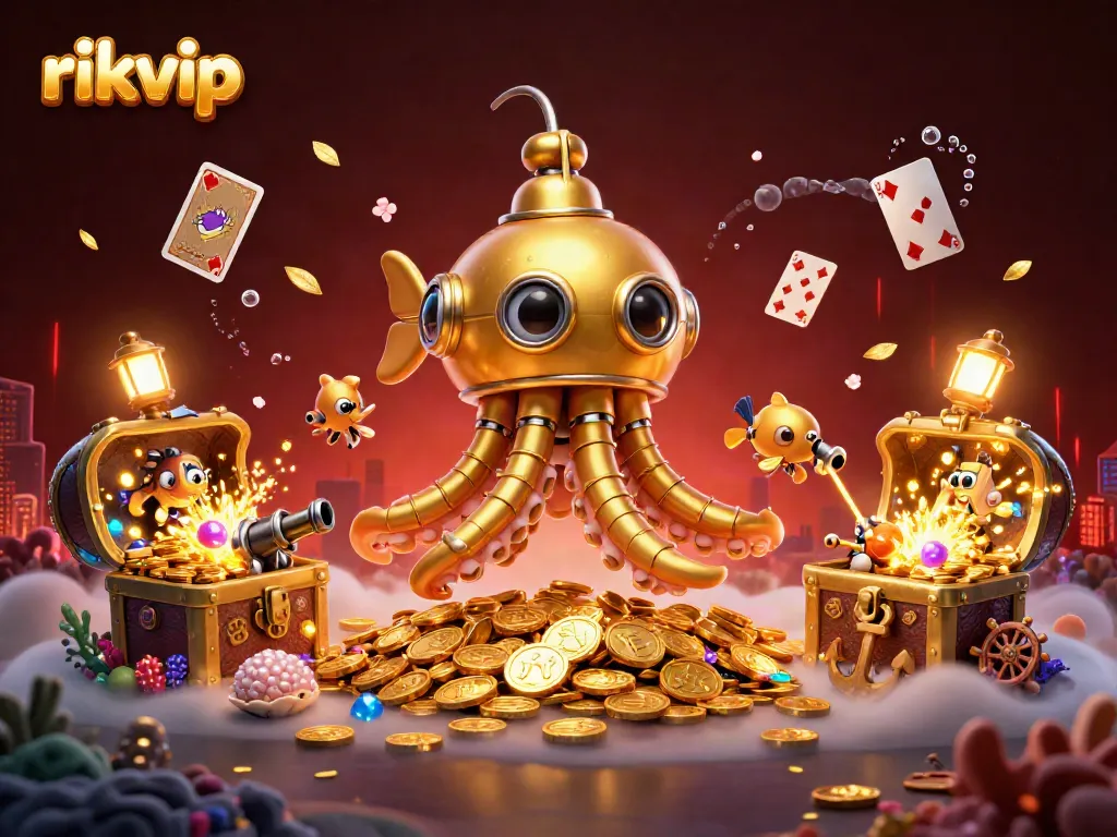 rikvip submarine surfacing through golden coins, mechanical fish swimming alongside for an exciting gaming experience