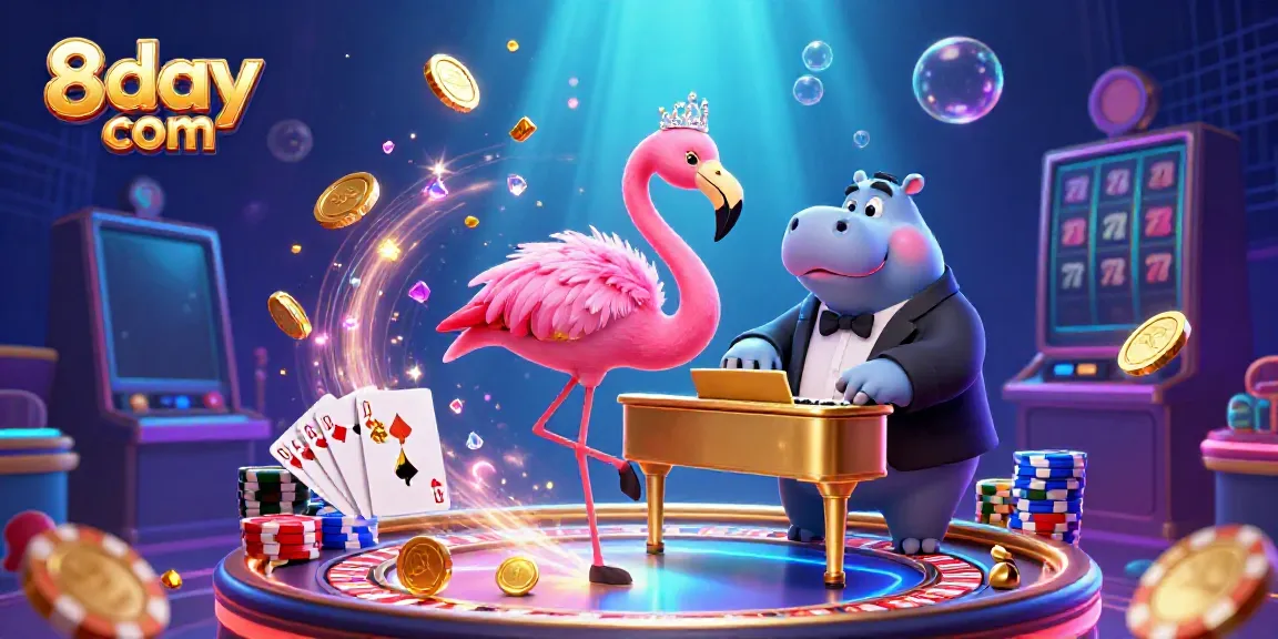 Engage with top slots at 8day com featuring lively casino elements like coins and playing cards in a vibrant scene.