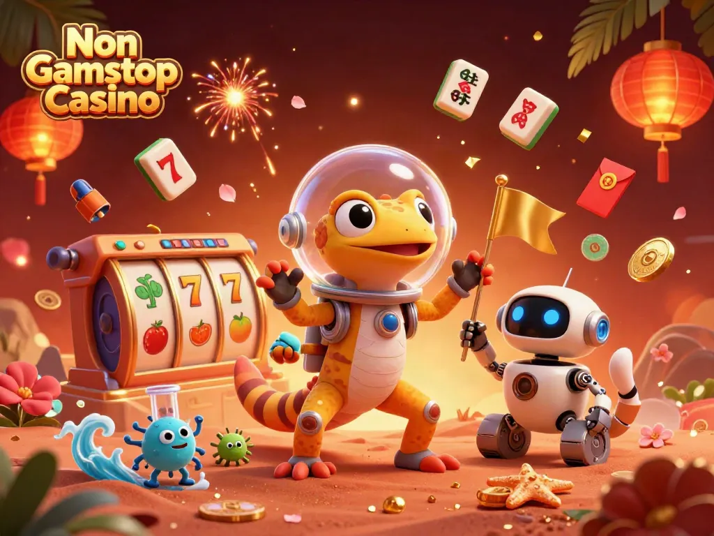 Engaging illustration of Non Gamstop Casino theme, showcasing a Martian gecko and robot in a vibrant, golden casino.