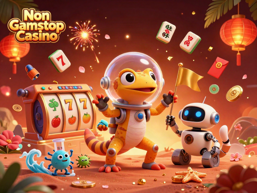 Engaging illustration of Non Gamstop Casino theme, showcasing a Martian gecko and robot in a vibrant, golden casino.