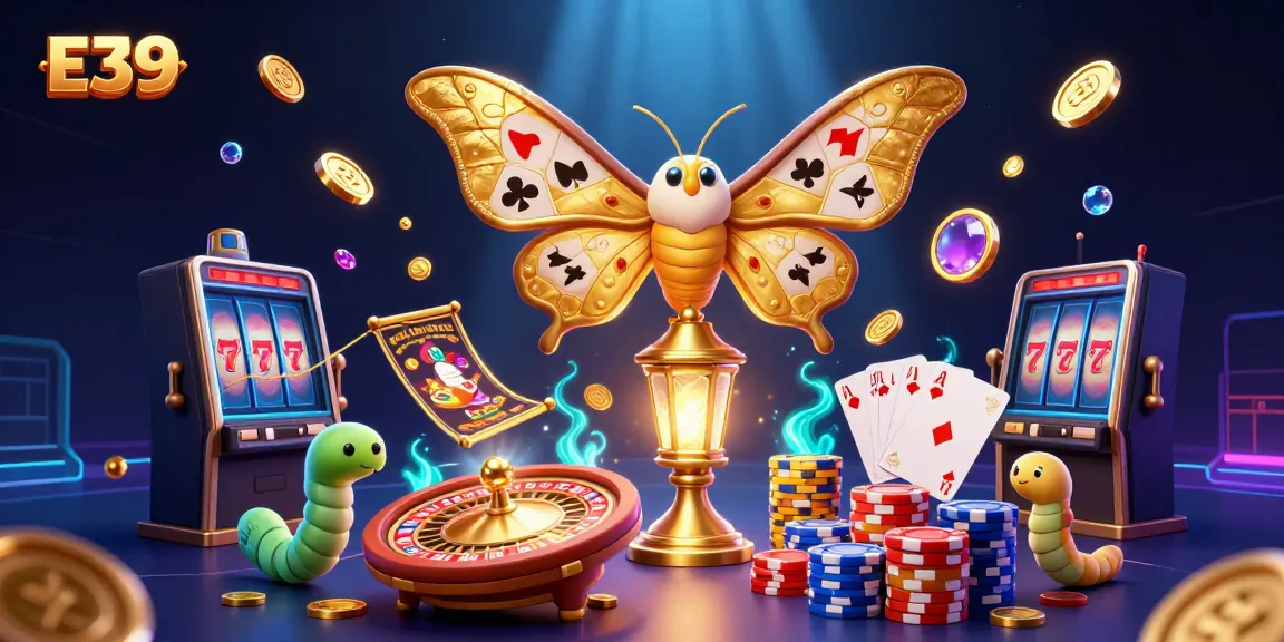 Experience the excitement of E39 with a vibrant illustration of a magical moth and casino elements.