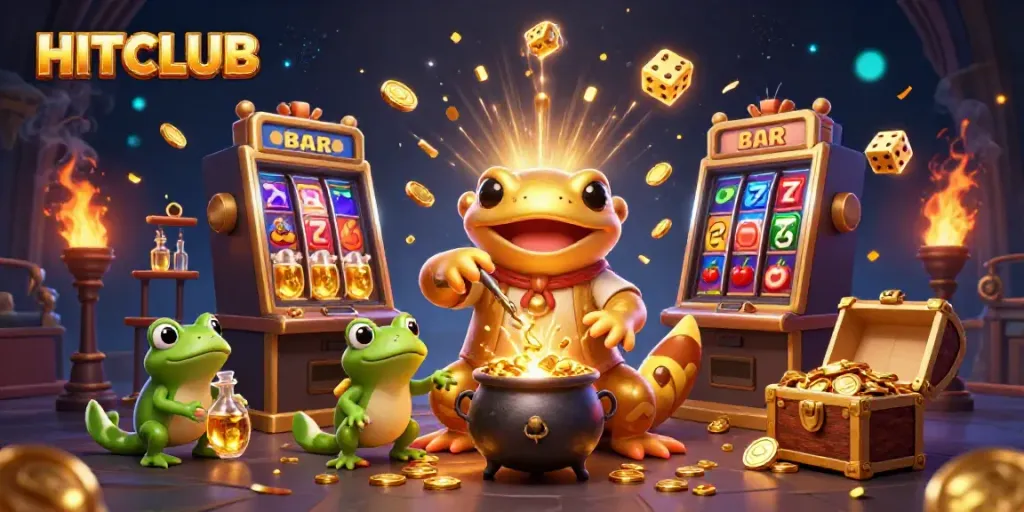 Experience thrilling gameplay at HITCLUB with golden coins and vibrant casino symbols in an exciting illustration.