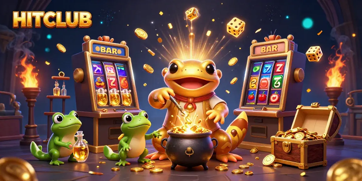 Experience thrilling gameplay at HITCLUB with golden coins and vibrant casino symbols in an exciting illustration.