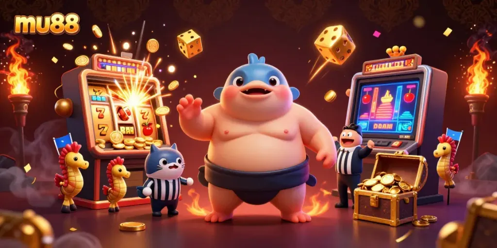 Engage in the mu88 casino experience with a colorful underwater scene featuring a giant fugu and fun game elements.