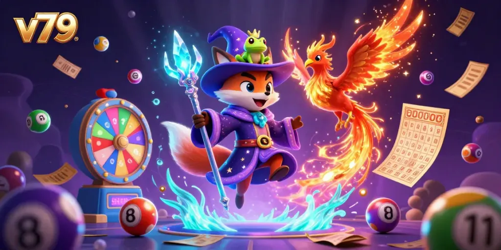 Experience vibrant gaming action at V79 with a wizard fox, phoenix, and lottery elements.