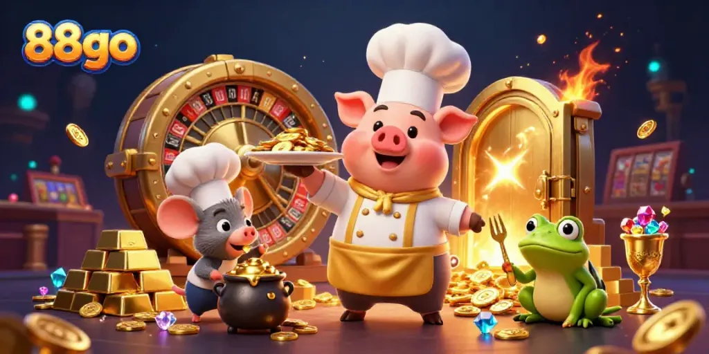 Experience the excitement of 88go with a vibrant 3D scene featuring a pig chef serving gold coins amid casino elements.