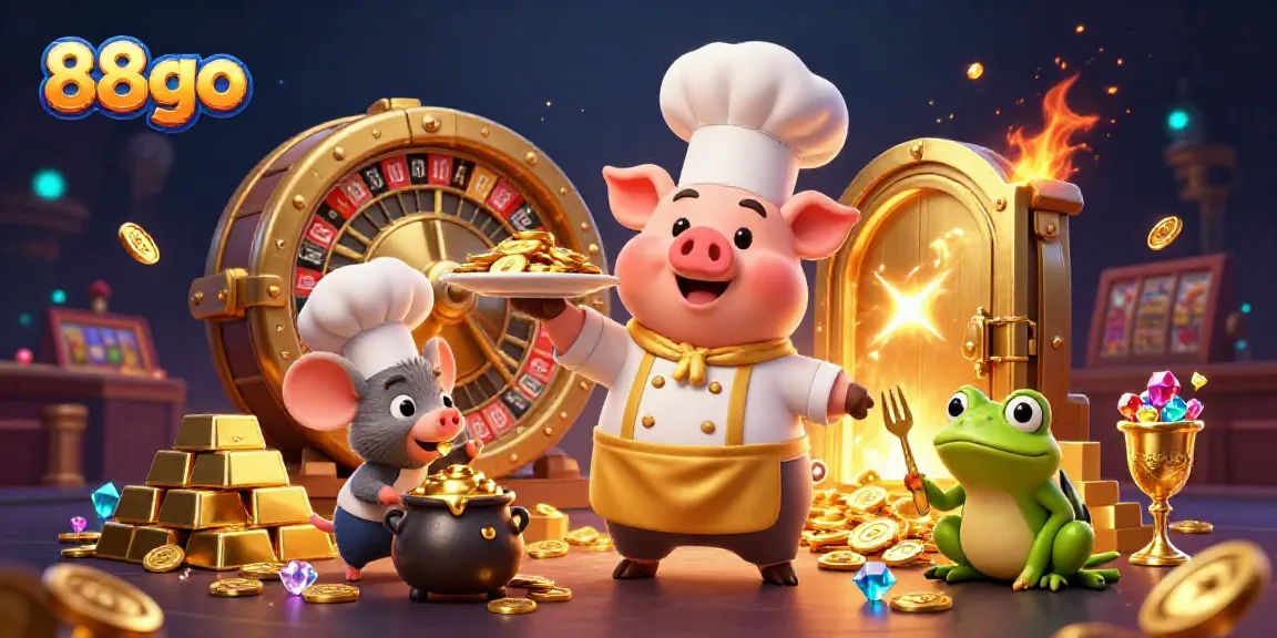 Experience the excitement of 88go with a vibrant 3D scene featuring a pig chef serving gold coins amid casino elements.
