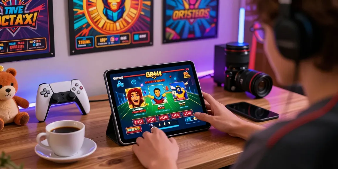 Engaged user playing GB444 online casino games on a tablet in a cozy home setting with vibrant gaming culture elements.
