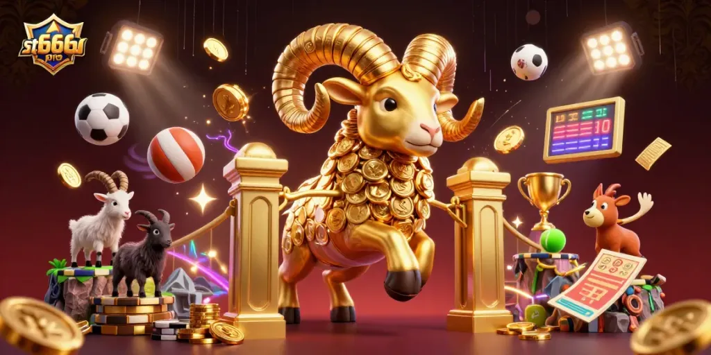 Bet on thrilling moments with st666pro featuring a golden ram, sports balls, and casino excitement.