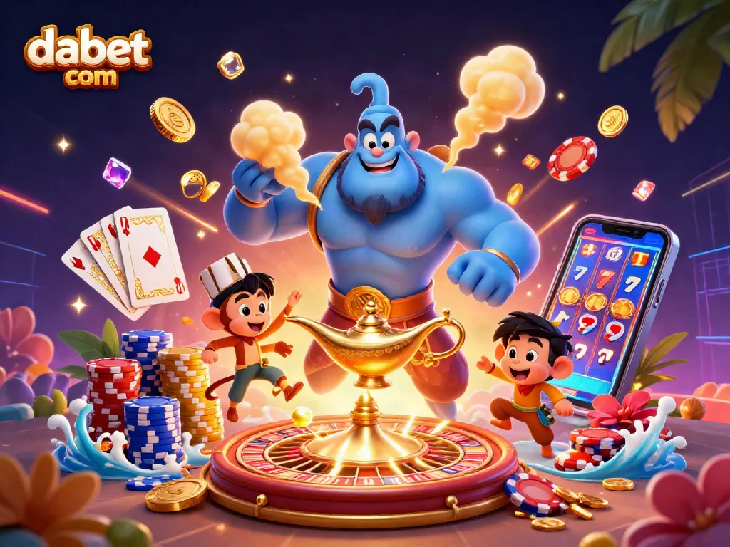 Experience the excitement at dabet com with a vibrant 3D casino illustration showcasing a genie, poker chips, and spinning roulette.