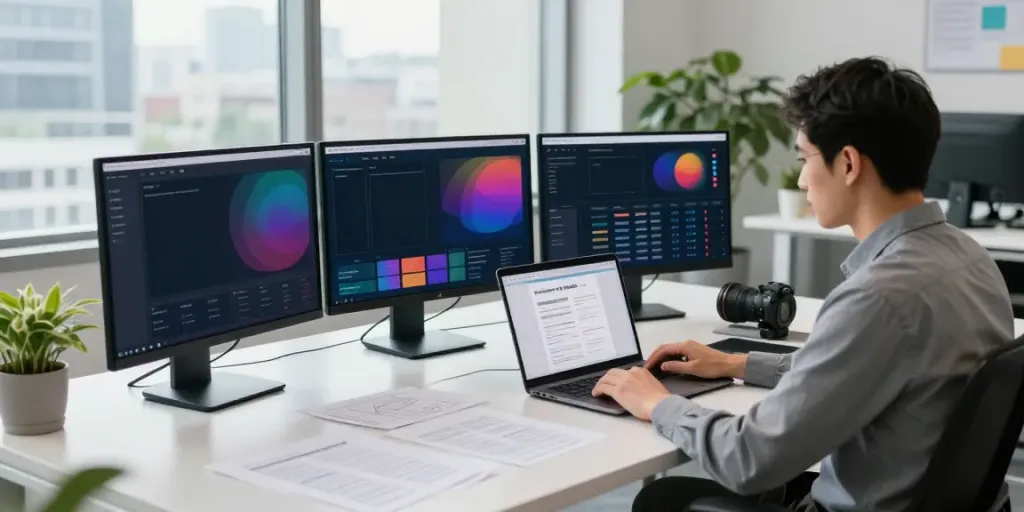 Digital marketer optimizing content for instant indexing in a modern workspace