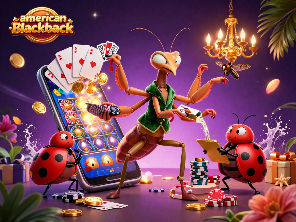 Experience the thrill of american-blackjack with vibrant characters and exciting gaming elements in this 3D casino scene.