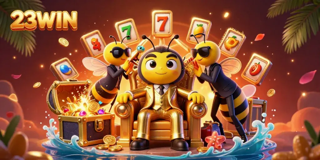 Experience gaming thrills at 23WIN with a 3D illustration of vibrant casino elements.