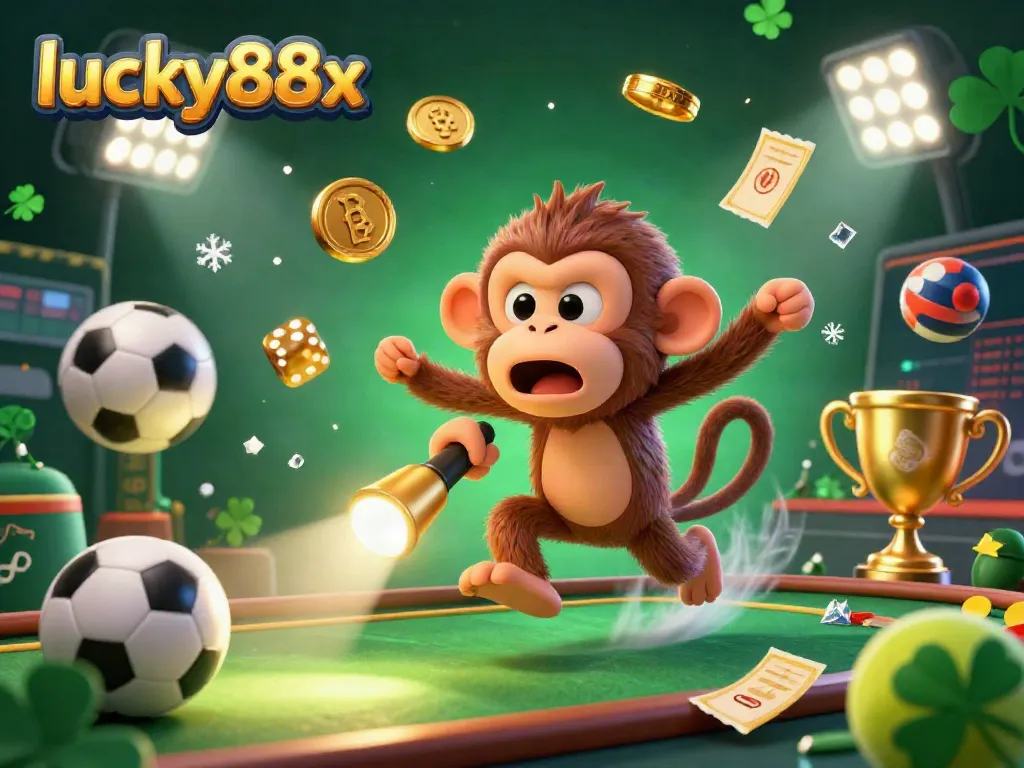 Catch the excitement with lucky88x in this vibrant casino scene featuring a playful ghost and sports elements!