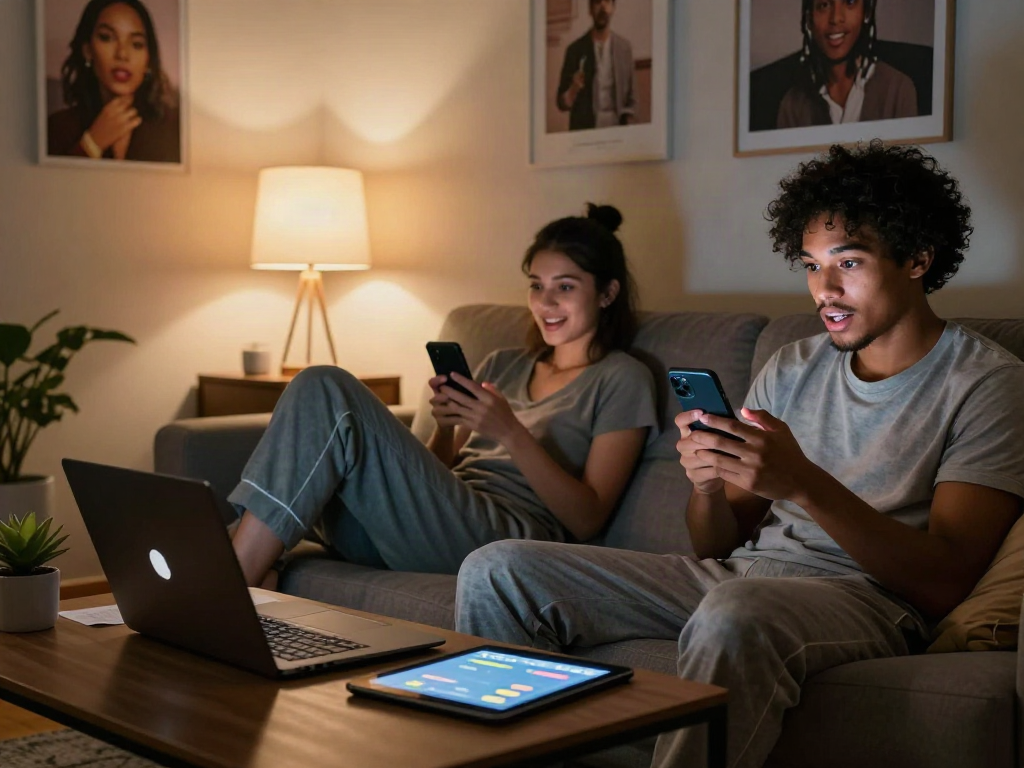 NSFW AI chat scene with engaged individuals enjoying a virtual connection, showcasing modern tech and cozy environments.