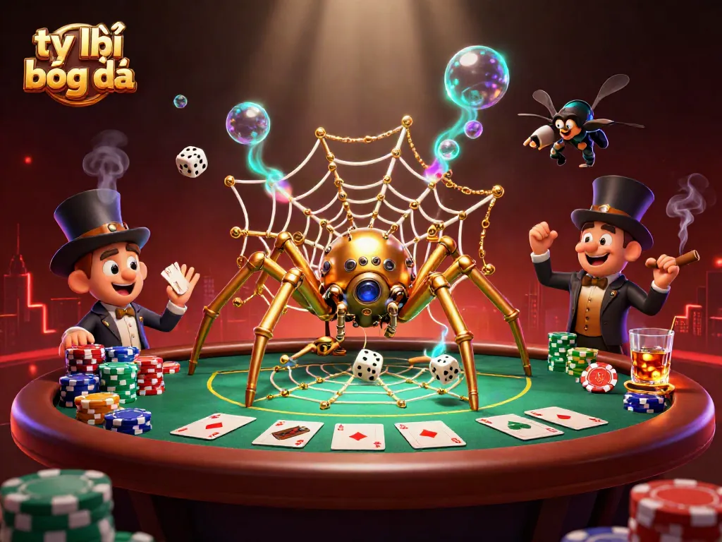 Engage in tỷ lệ bóng đá strategies with a cartoon spider and amusing fly in a casino setting.